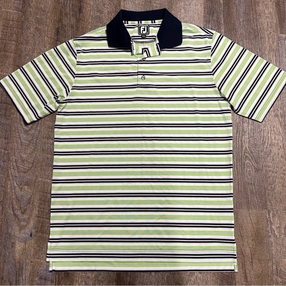 FootJoy Golf Polo Shirt Men large Green Navy blue Striped Soft Stretch No Course